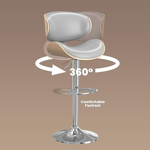 Miniatura 5 de YaFiti Juego de 2 taburetes de bar para isla de cocina con respaldo de madera curvada y asiento de cuero, taburetes de bar giratorios para encimera