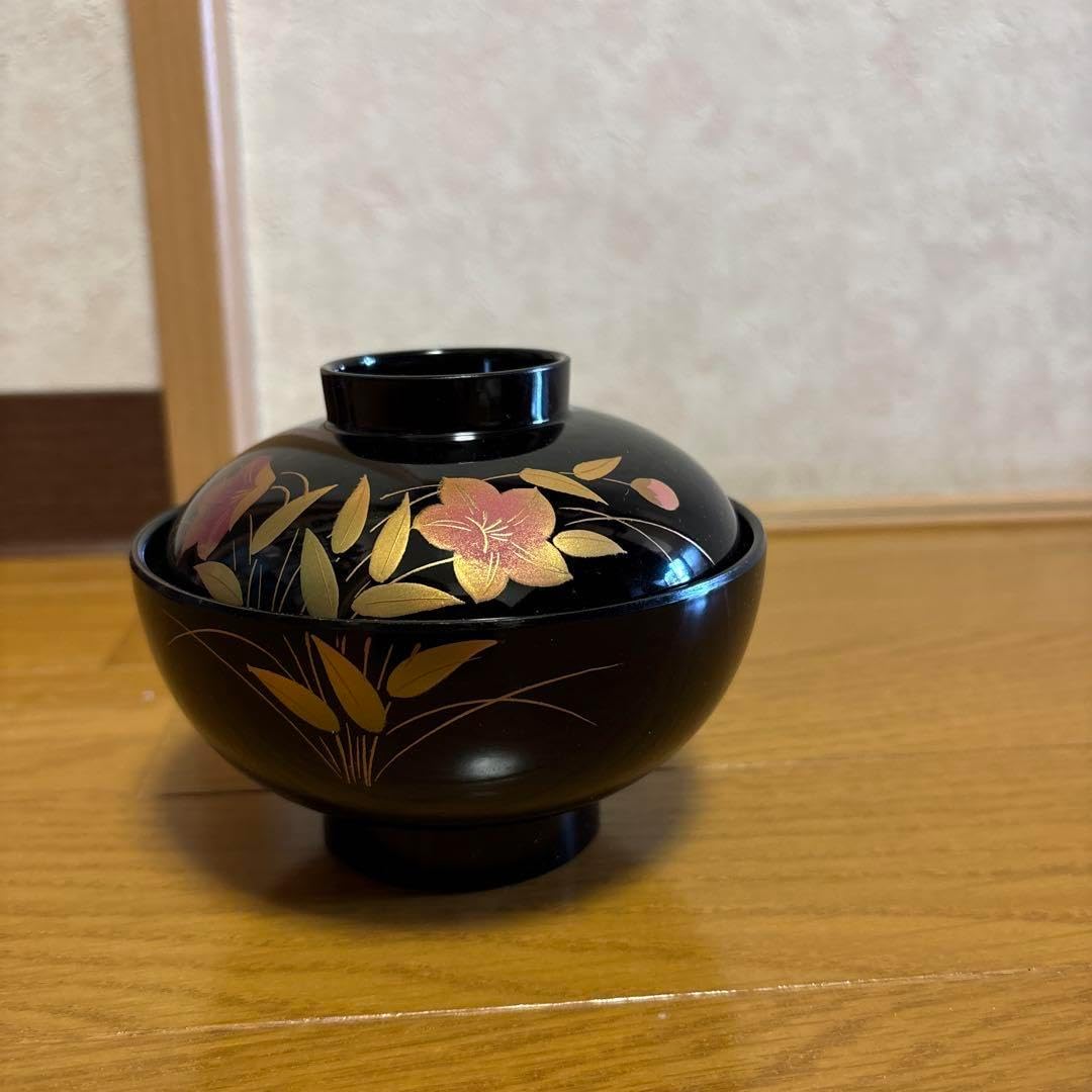 懐石道具 源伸堂 蒔絵寿正作 蒔絵 木製黒塗 吸物椀 5客見返し蒔絵 共箱