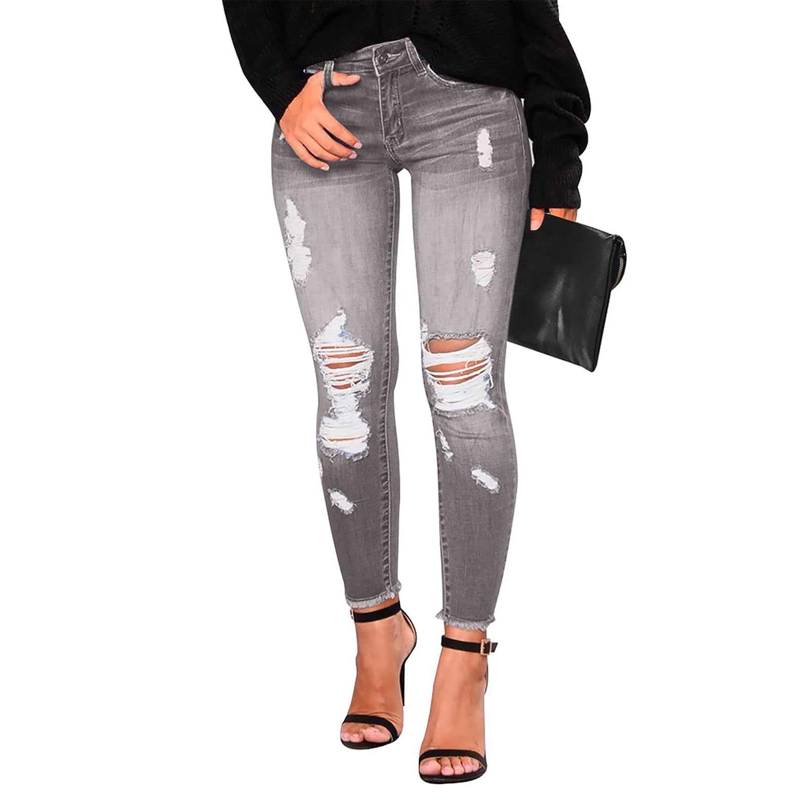 Skinny Jeans for Women Stretchy High Waisted Ripped Jeans Tummy Control Distressed Denim Leggings with Pockets