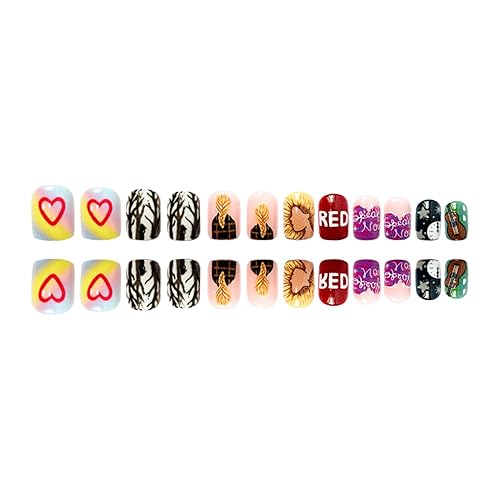 Miniatura 10 de Uñas postizas cuadradas azules con diseños de flores, uñas acrílicas de longitud media, uñas adhesivas de verano, uñas con pegamento para