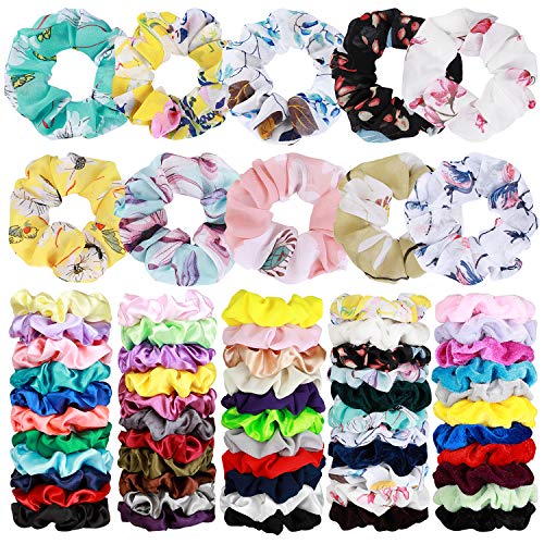 70 Pack Hair Scrunchies Hair Ties Elastic Hair Bands Scrunchy Hair Accessories for Women or Girls - 10 Solid Colored Chiffon, 10 Flowered Chiffon, 20 Solid Colored Velvet, 30 Solid Colored Satin