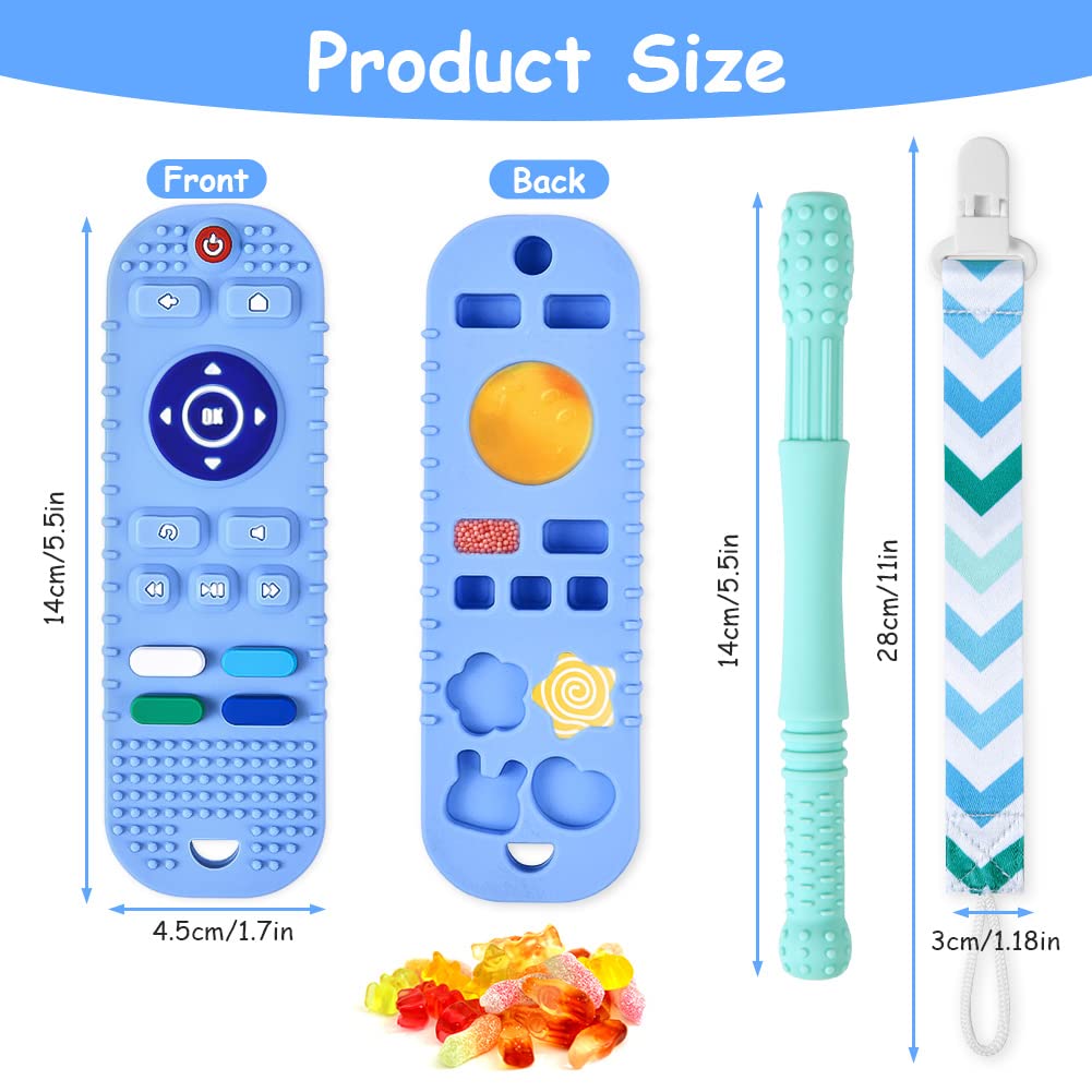 Silicone Baby Teething Toys, Remote Control Shape Teethers Toys with Teething Tubes and Pacifier Clip, Baby Teething Toys for 3 Months+, Remote Teething Toy BPA Free/Freezable/Dishwasher Safe(Blue)