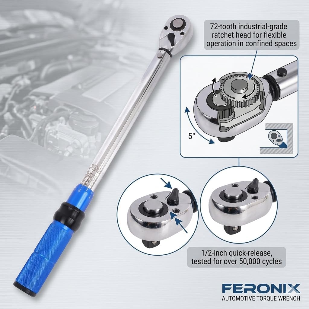 72-Tooth 1/2 Inch Drive Adjustable Click Torque Wrench, 20-210 Nm Torque Range, ±3% High Precision CR-V Steel for Automotive, Motorcycle Repair, Home DIY & Industrial Use