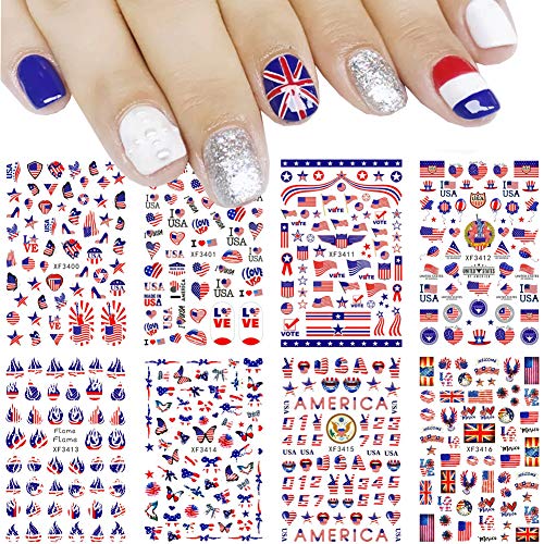 8 Sheets 4Th Of July Nail Stickers Patriotic Nail Decals 3D Nail Art Stickers Self Adhesive Usa American Flag Us Heart Star Lips Flame Nail Stickes Memorial Day Independence Day Decorations #TOP5