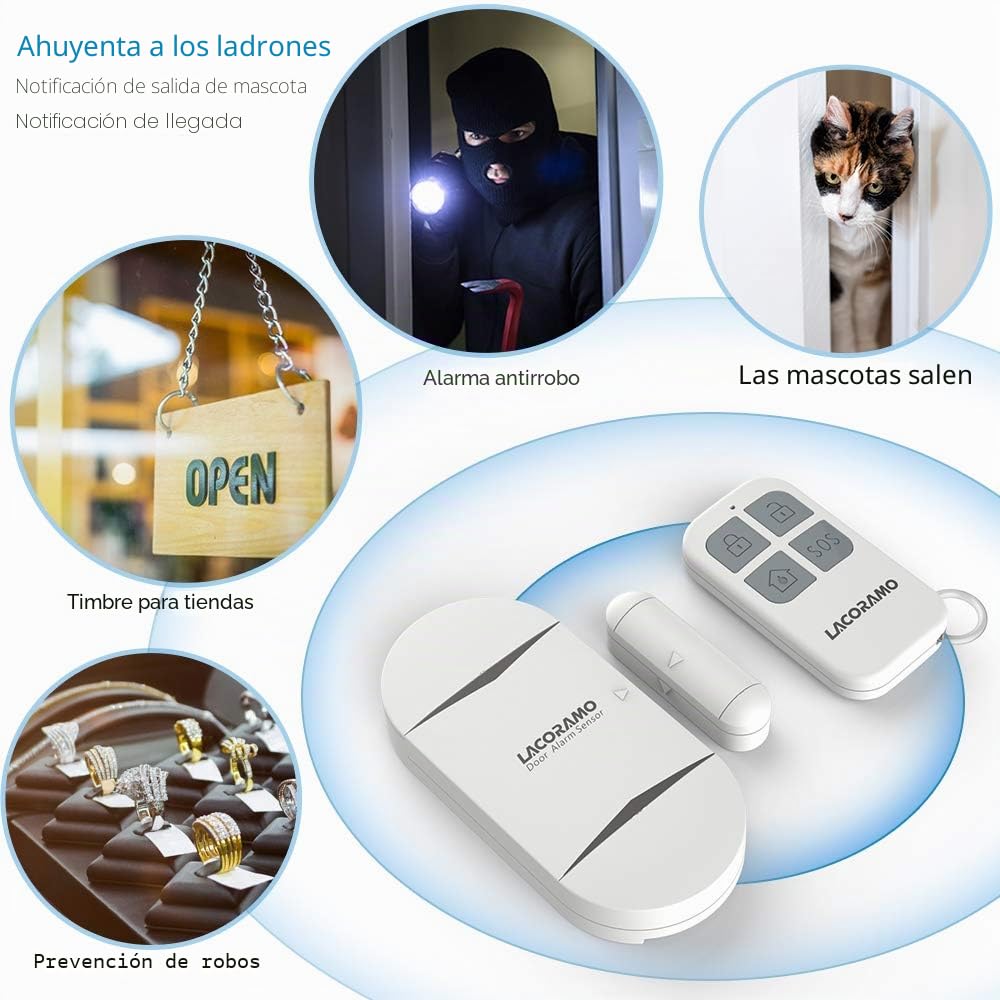 130db Sensor de Alarma para Puertas y Ventanas con 2 Controle Remoto Campana de Apertura de Contacto magnético inalámbrico para niños,hogar,refrigerador,Tienda(1 Alarma 2 Controles