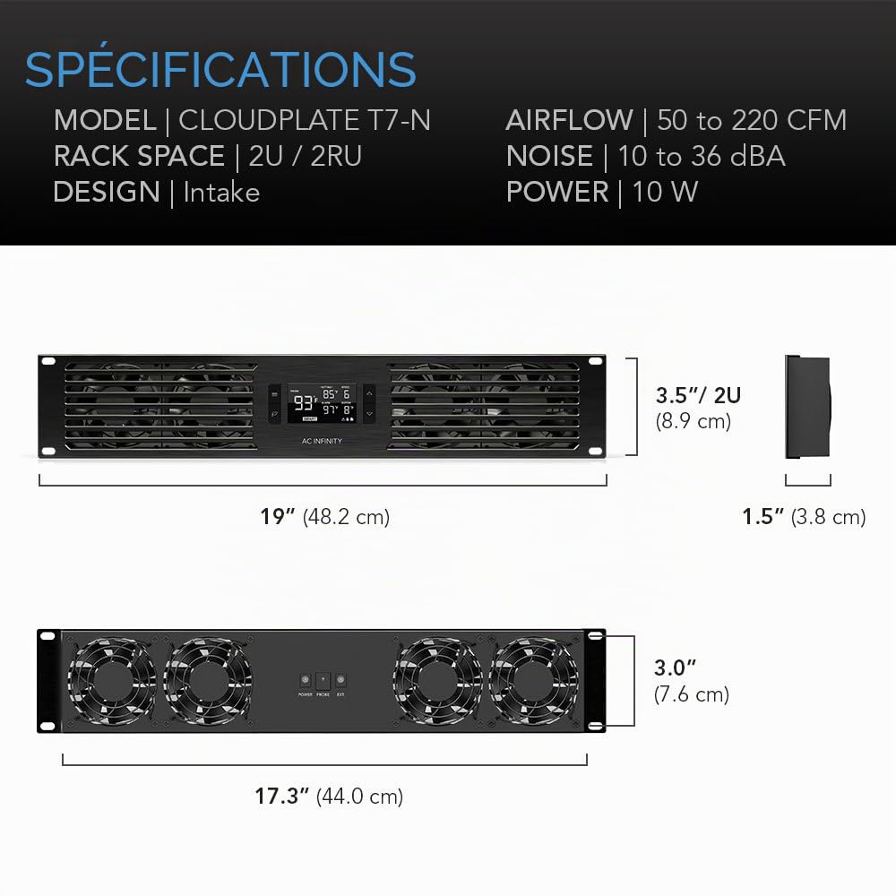 AC Infinity CLOUDPLATE T7-N, Panneau de ventilateur à montage en rack 2U, flux d'air d'admission, pour refroidissement AV, Home Cinéma, rack réseau 19"