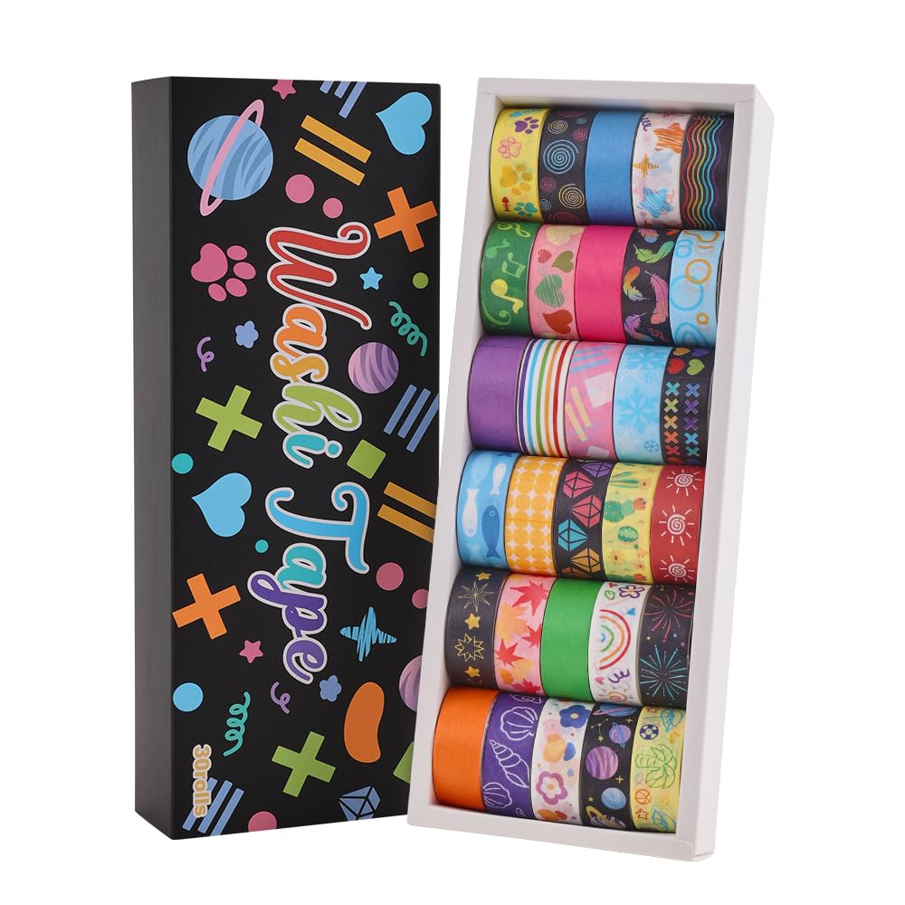 Icceemee - Juego de 30 rollos de cinta washi con temática colorida y diferentes patrones, cintas decorativas grabables para álbumes de recortes, diarios bíblicos y bullet journaling, 0,6 x 79 por rollo