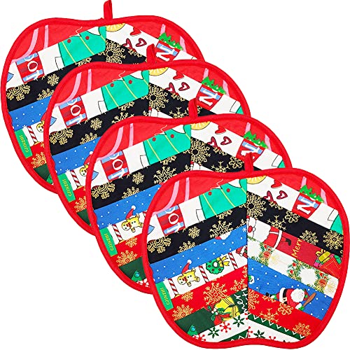Cjinzhi Pot Holders For Kitchen, 2Pcs Fabric Patchwork Mats 100% Cotton Heat Resistant Pads With Hanging Loop Apple Shaped Christmas Pattern For Bbq/Cooking/Baking/Grilling/Microwave/Barbecue. #TOP4
