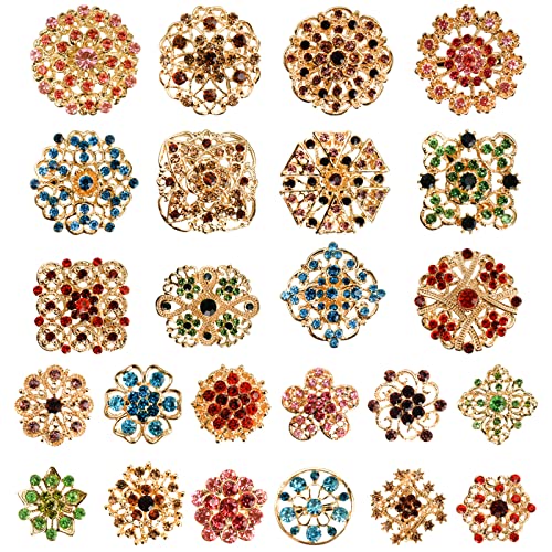 Hiceeden 24 Pieces Flower Golden Brooches Pins, Small Shining Rhinestone Colorful Brooch Gift for Women, Wedding Decoration