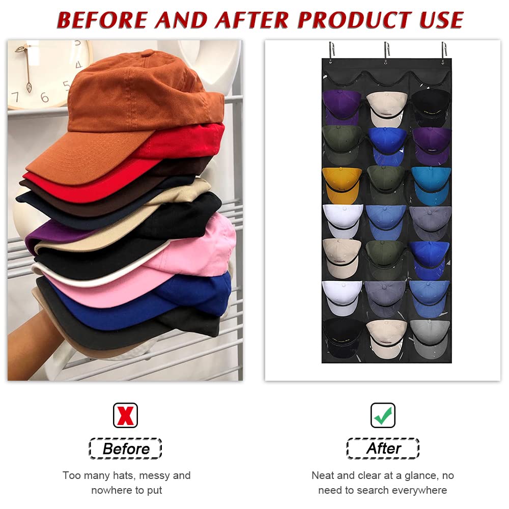 Portacappelli Da Porta Con 24 Tasche Trasparenti – Organizer Per Cappellini, Berretti E Accessori, Nero, 60x165 Cm