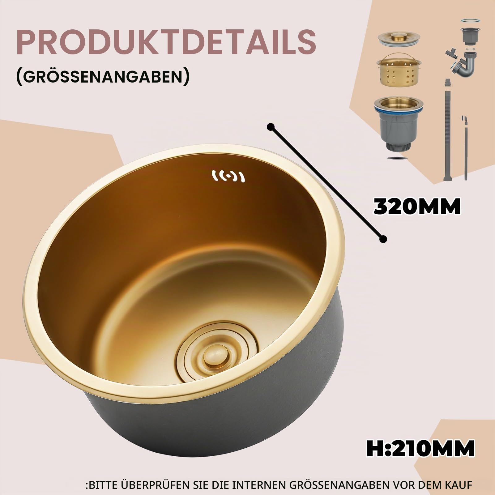 Küchenspülen, Golden Einzelspüle, 1 Becken Runden Küchenspüle/Badezimmer Spülen Aus Edelstahl In Gold, Nano Mit Abflussset, Leicht Zu Reinigen, Einbau-Unterbau/Aufbau(Gold-#b,32x32cm)