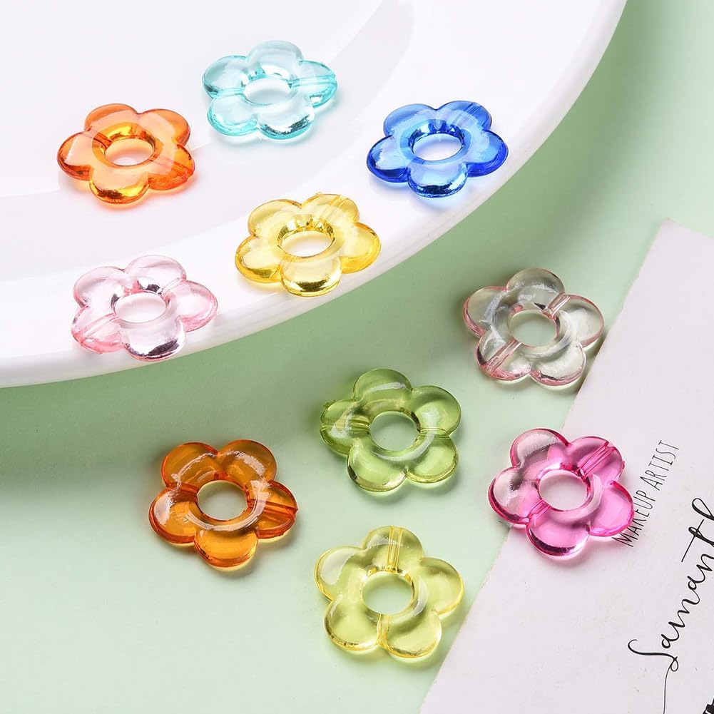 100Pcs Flower Bead Frame Transparent Acrylic Flower Beads Bulk Multicolor 2 Straight Holes Link Connector Loose Spacers for Bracelets Earrings Necklaces Keychains Jewelry Making Crafting - Image 5
