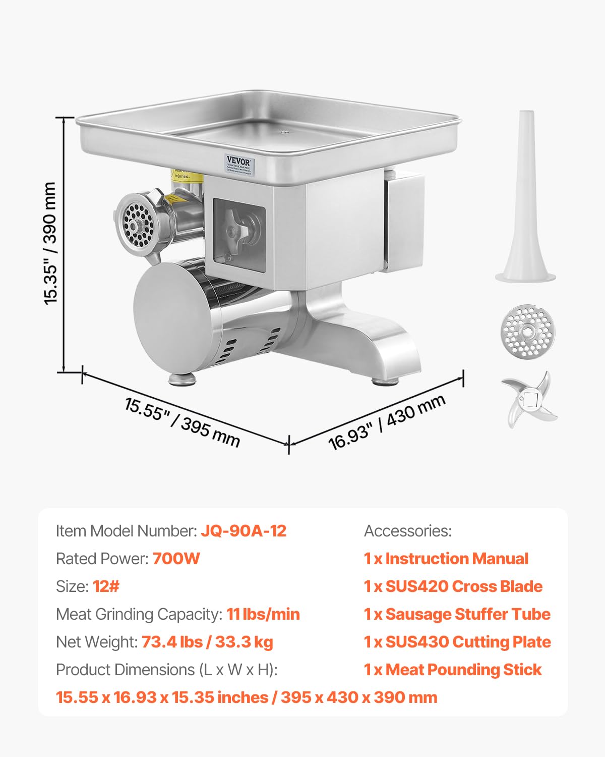 VEVOR Tritacarne Elettrico 4,98 kg/min Insaccatrice per Salsicce con Lama, Piastra di Macinazione, Macchina per Salsicce, Tritacarne Commerciale in Acciaio Inox per Affettare, Macellaio di Ristoranti
