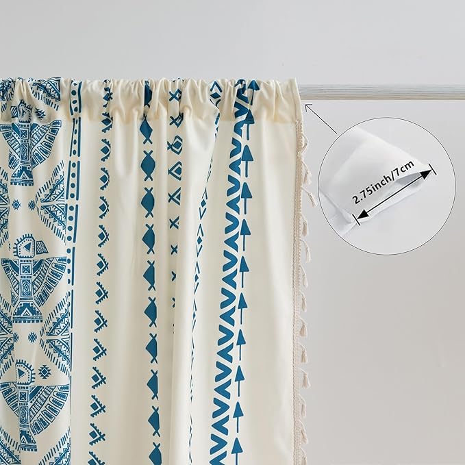 Image of Blue Geometric Curtains 96 Inches Long, Boho Farmhouse Light Filtering Rod Pocket Drapes with Tassel Trim for Bedroom Living Room, 2 Panels
