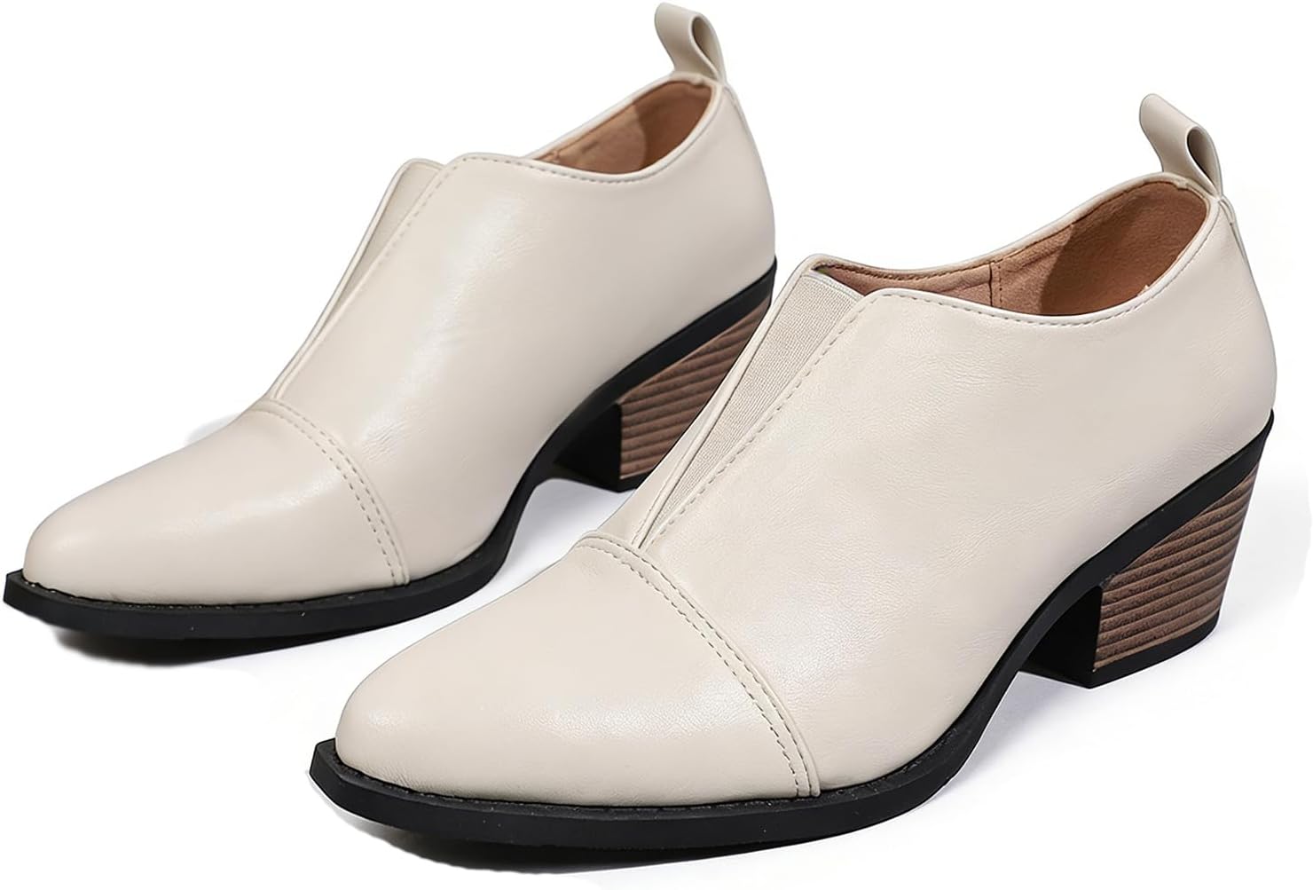 Women's Chunky Low Heel Ankle Booties Fashion V Cut Stacked Low Heeled Booties Comfortable Slip on Pointed Toe Casual Dress Pumps