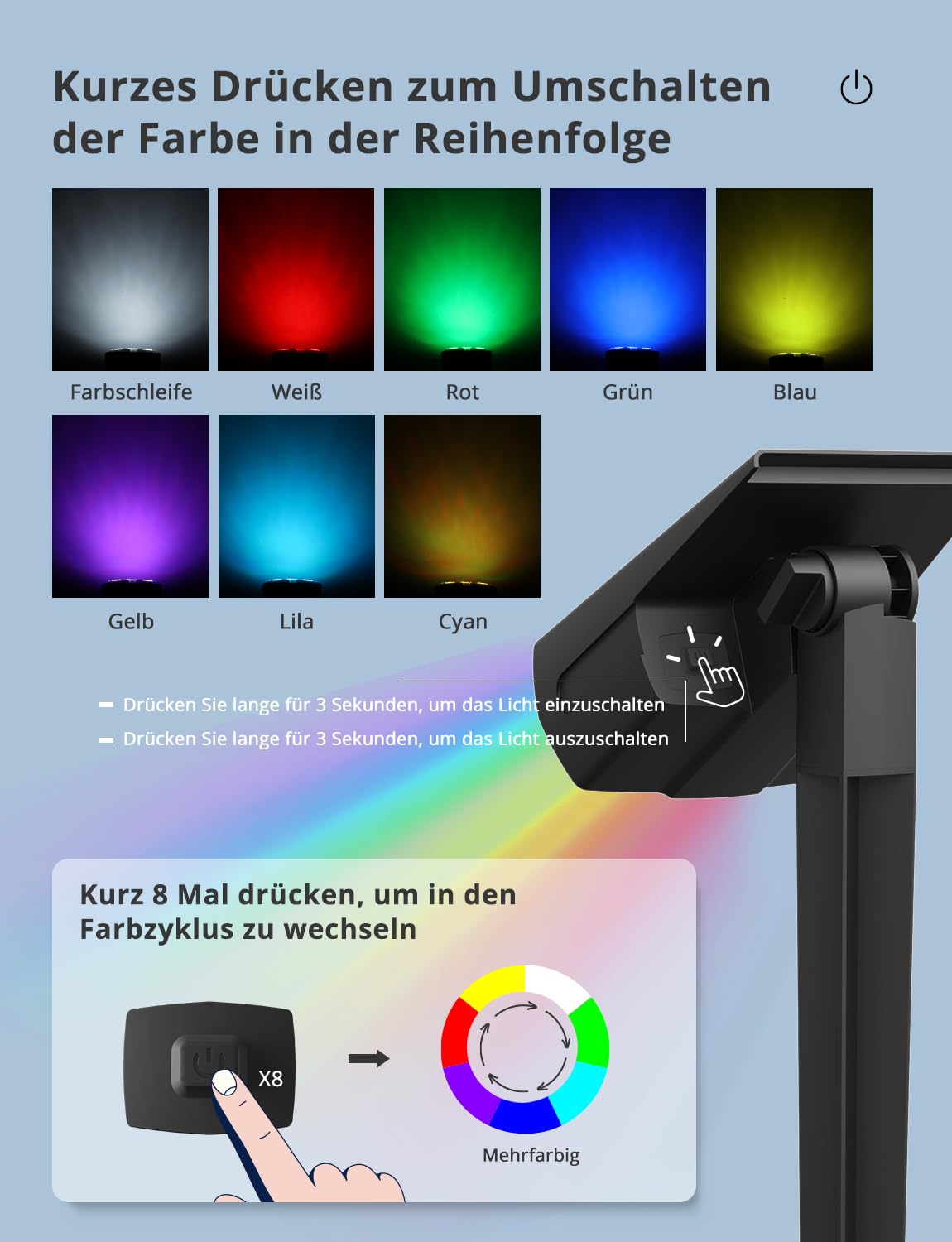 Solarleuchten Garten Solarstrahler Solarlampe Bunt/RGB, 8 Farben und 1 Regenbogenfarbe, LED Solar Gartenleuchte IP67 Wasserdicht für Außen Hof Terrasse Halloween Weihnachten Festivals 6 Stück