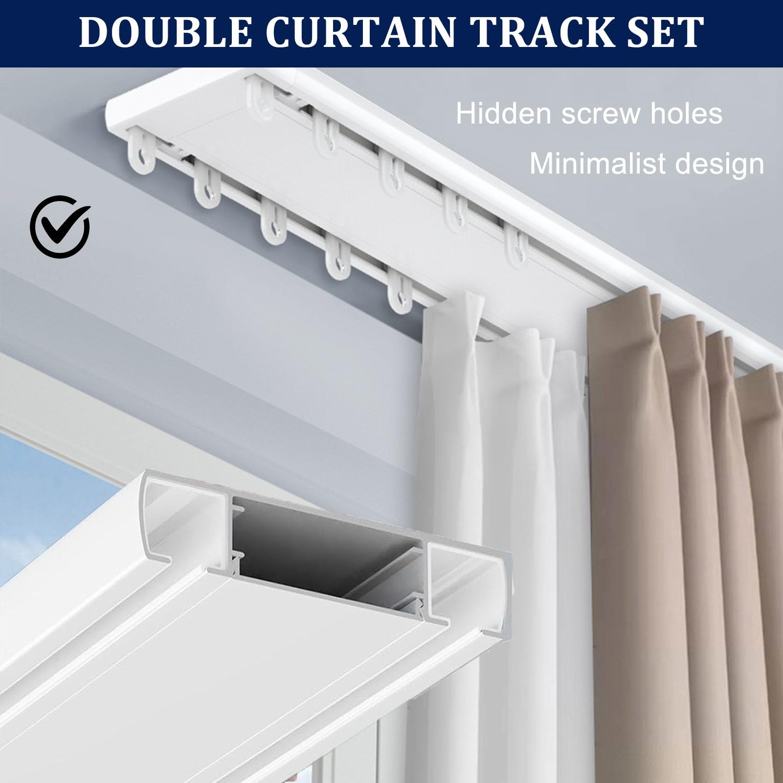 Genérico Riel De Cortina Doble, Montaje En Techo, Aluminio,Juego Completo con Riel De Cortina Doble Y Función De Deslizamiento Silencioso para Cortinas De Sala De Estar Dormitorio,Blanca,1.8m