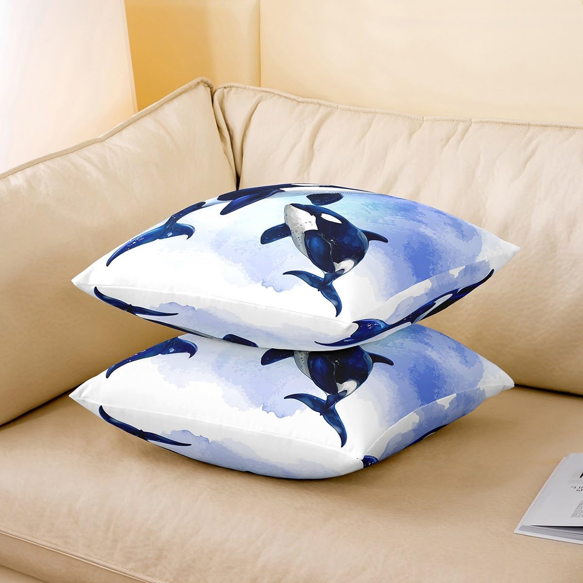 Erosebridal Killer Whale Throw Pillow Covers Pack of 2 24x24 Inch,Coastal Wildlife Pillow Covers for Kids Boys Girls,Blue Tie Dye Cushion Covers,Tropical Ocean Animal Decorative Pillow Covers