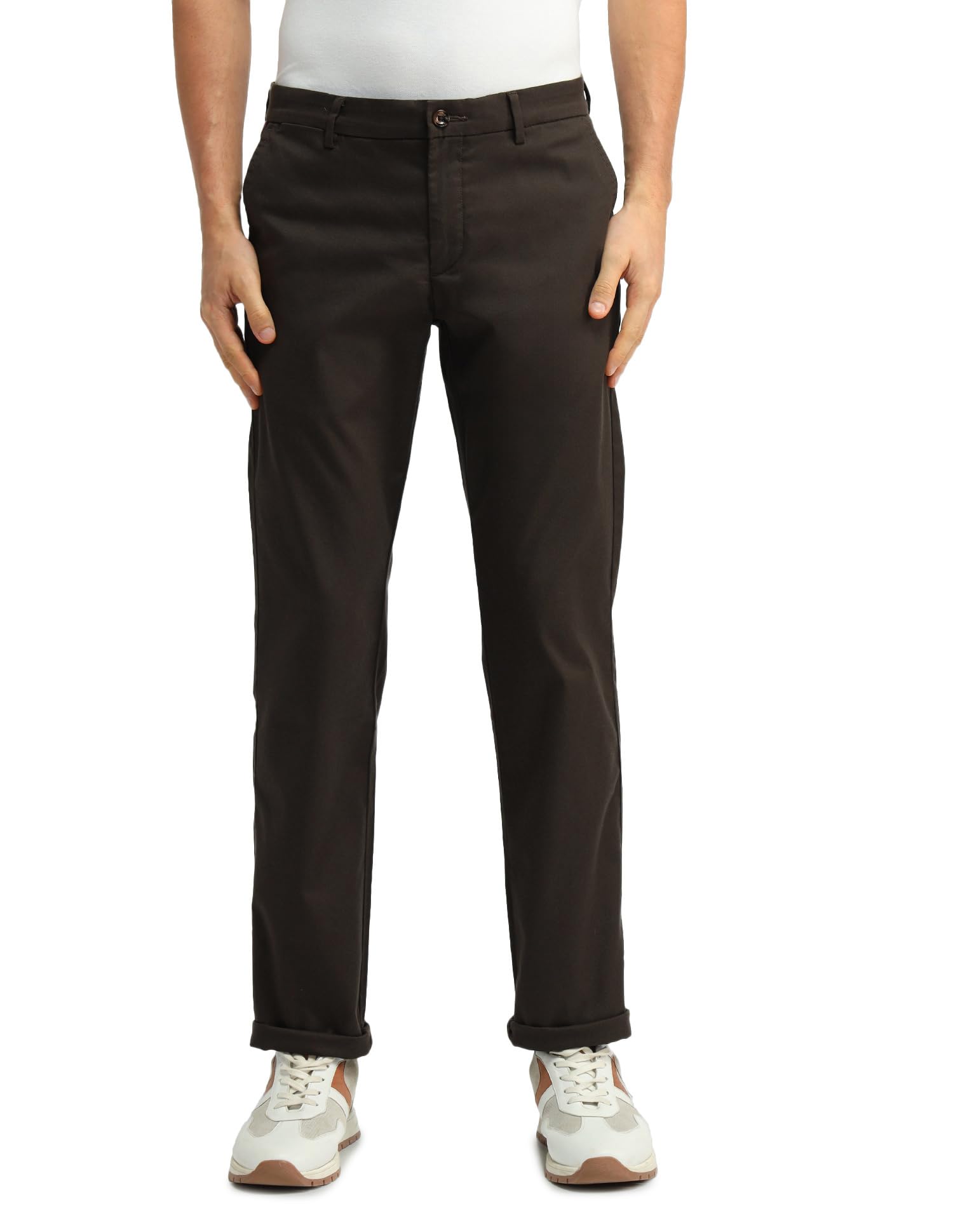 arrow sports Men's Brown Solid Mid Rise Cotton Button Regular Fit Flat Front Slant Pocket Trousers-picture-10