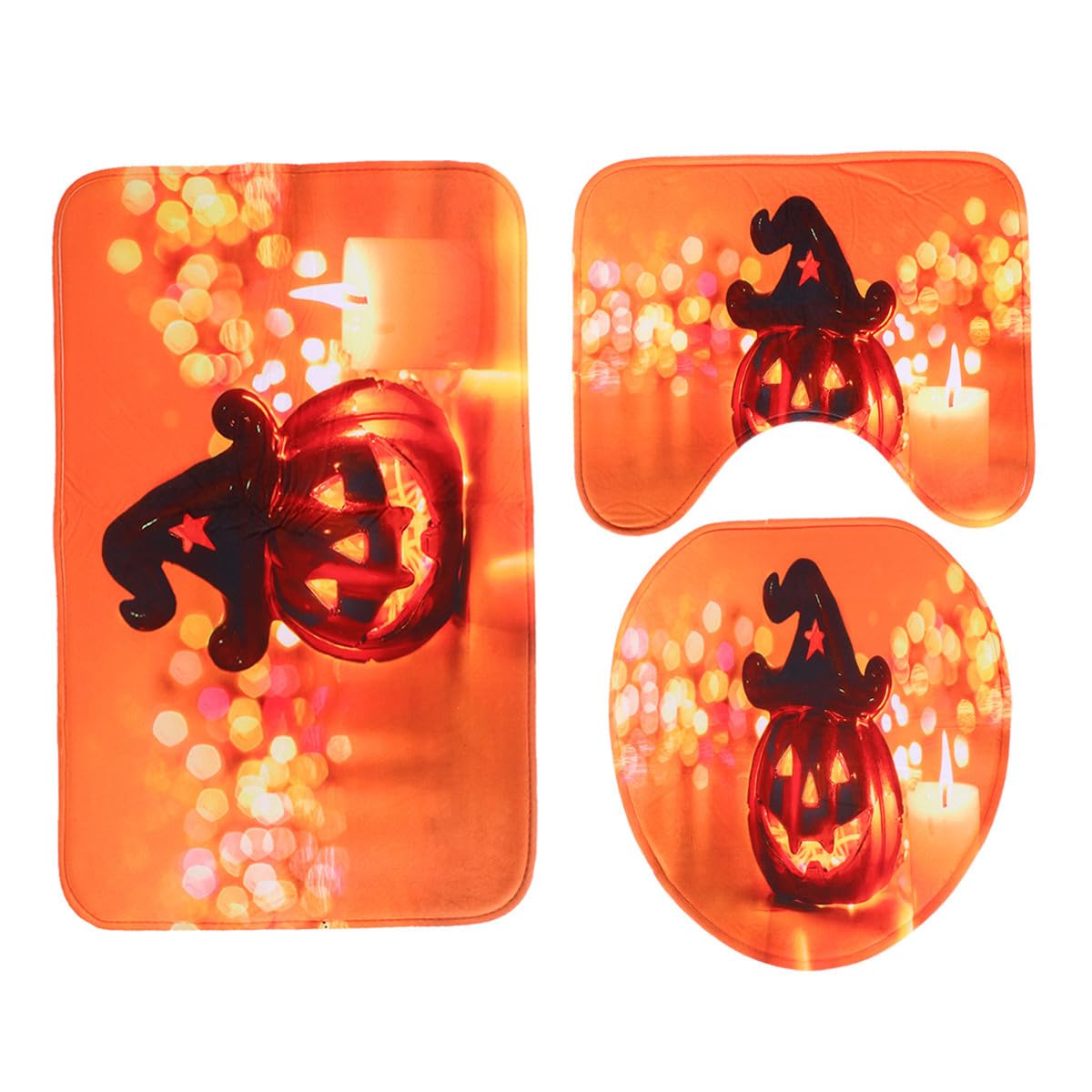 Cabilock Set Di 3 Coprisedile Wc Halloween a Forma Di Zucca Con Tappeto Antiscivolo Per Vasca Da Bagno E Bagno Decorazioni in Flanella 29.5X17.7 Pollici