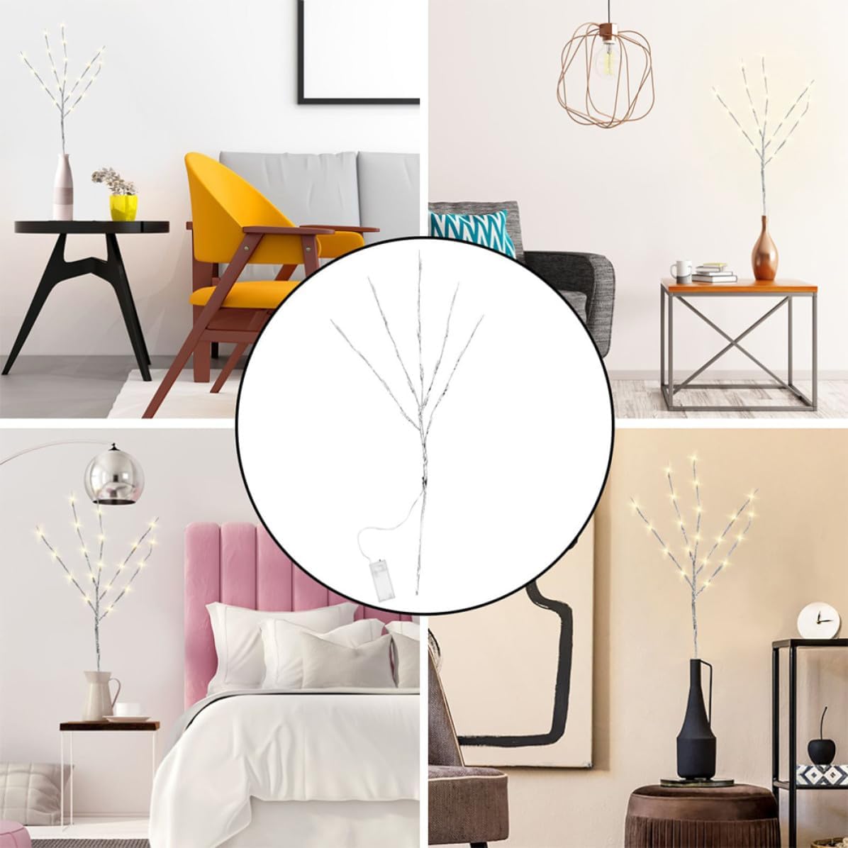 2pcs LED Tree Branch Lights for Vase, Silver Decorative Light with Fine Workmanship, Plastic and Iron Wire Photo Props for Wedding and Room Decoration