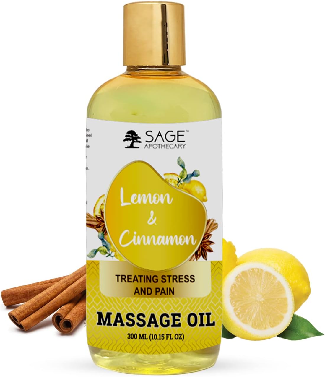 Sage Apothecary Lemon Cinnamon Massage Oil for Relaxed & Replenished Skin | No Parabens & Sulphates | Cruelty Free & Vegan Pure Natural Ingredients 300 ml