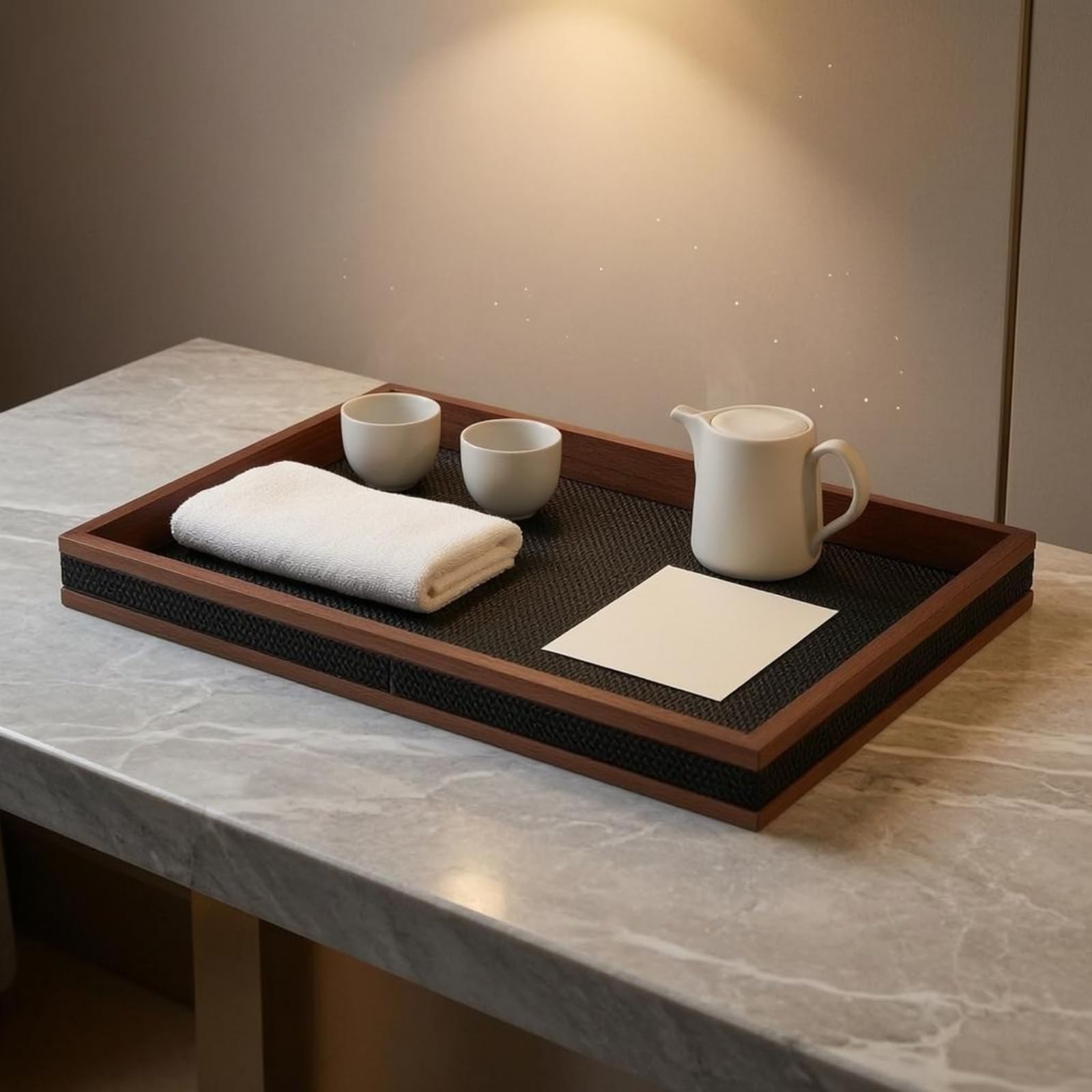 Sharplace Bandeja de Servicio Rectangular Bandeja Organizadora de Mesa Bandeja de Madera PU con Bordes y Fácil Transporte Adecuada para Servir Frutas Brunch Encimera Comedor Estudio, Negro