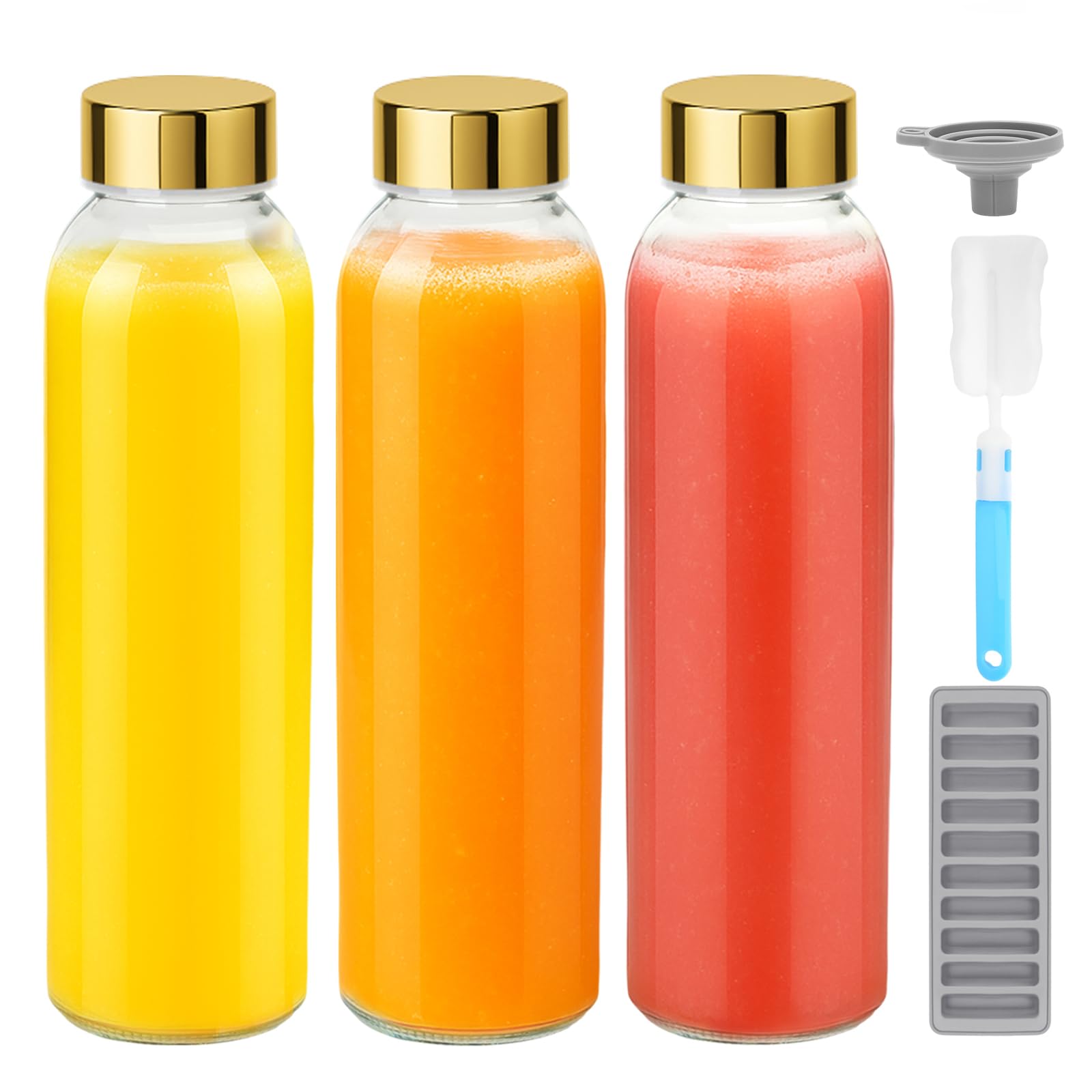 Zukro 18 oz Clear Glass Water Bottles with Gold Lids, Leak Proof, 3 Pack