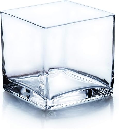 WGV Cube Glass Vase, Candle Holder, 5"x5"x5", [Bulk & Size Options Available] Clear Elegant Floral Accent Container Planter Terrarium Wedding Party Ceremony Home Decor, 1 Piece