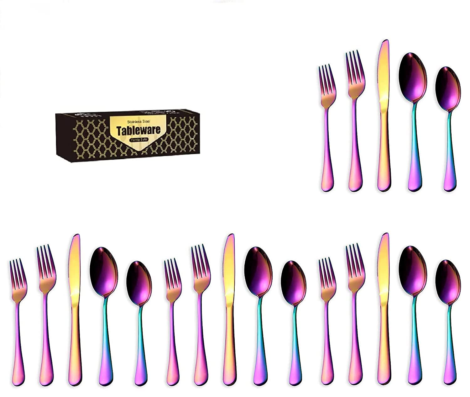 Kolorful Combo Set of 20 Premium Rainbow Antique Cutlery Stainless Steel Luxury Multicolour Dinnerware Spoon Fork Knife Reusable Mirror Polished Flatware for Home Kitchen Dining Table and Gift