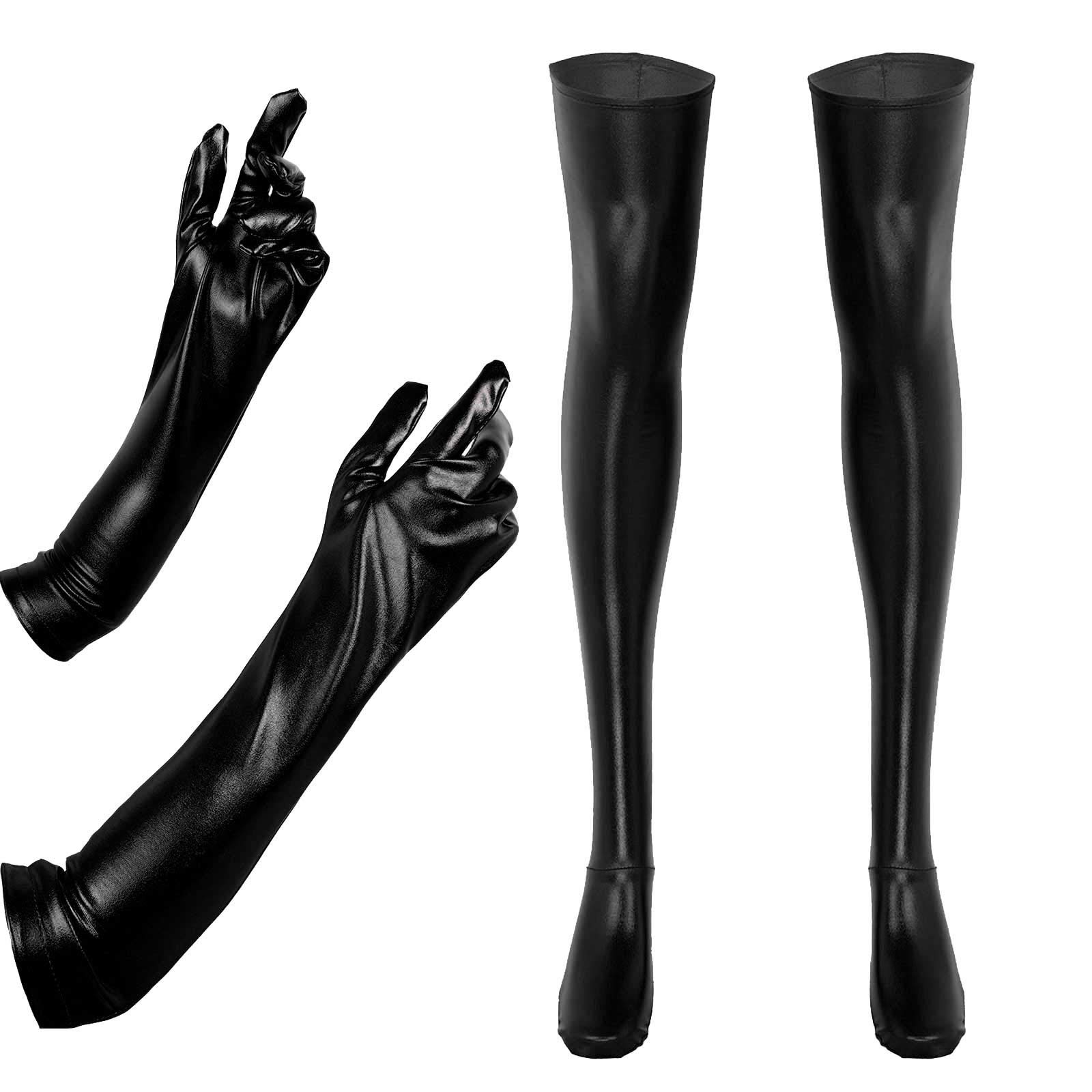 Aislor Women's 17" Long Metalic Satin Cosplay Finger Gloves and Shiny Metallic Spandex Skintight Stocking