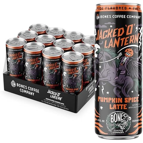 Bones Coffee Company Jacked O' Lantern Latte Iced Coffee Latte Pumpkin Spice Flavored Coffee, 11 Fl Oz Ready To Drink Latte, Cold Canned Coffee Drinks, Coffee On-the-Go (12 Pack) Cover