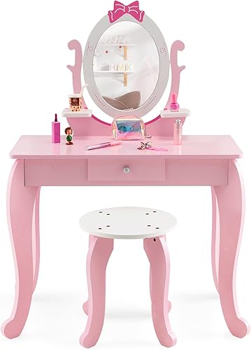 Miniatura 9 de Costzon Juego de tocador para niños con espejo, tocador de maquillaje de princesa 2 en 1 con parte superior desmontable, tocador para niños pequeños