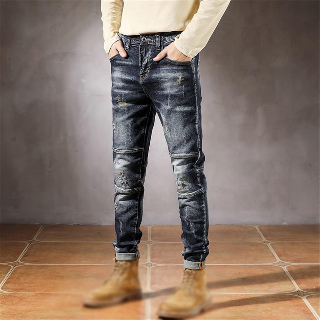 Ripped Jeans for Men Dark Stretch Slim Fit Distressed Patchwork Hip Hop Streetwear Frayed Casual Denim Pants