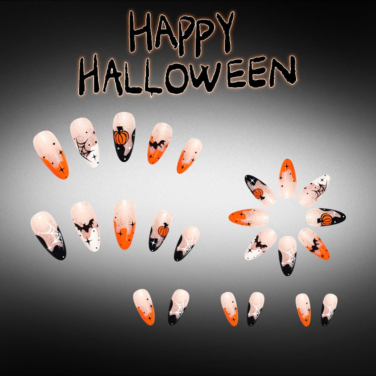 Halloween Press on Nails Medium Almond French Tips Fake Nails Press ons Nail Tips Glossy False Nails Glue on Nails Full Cover Acrylic Nail Kit with Pumpkin Bat Design for Women 24Pcs