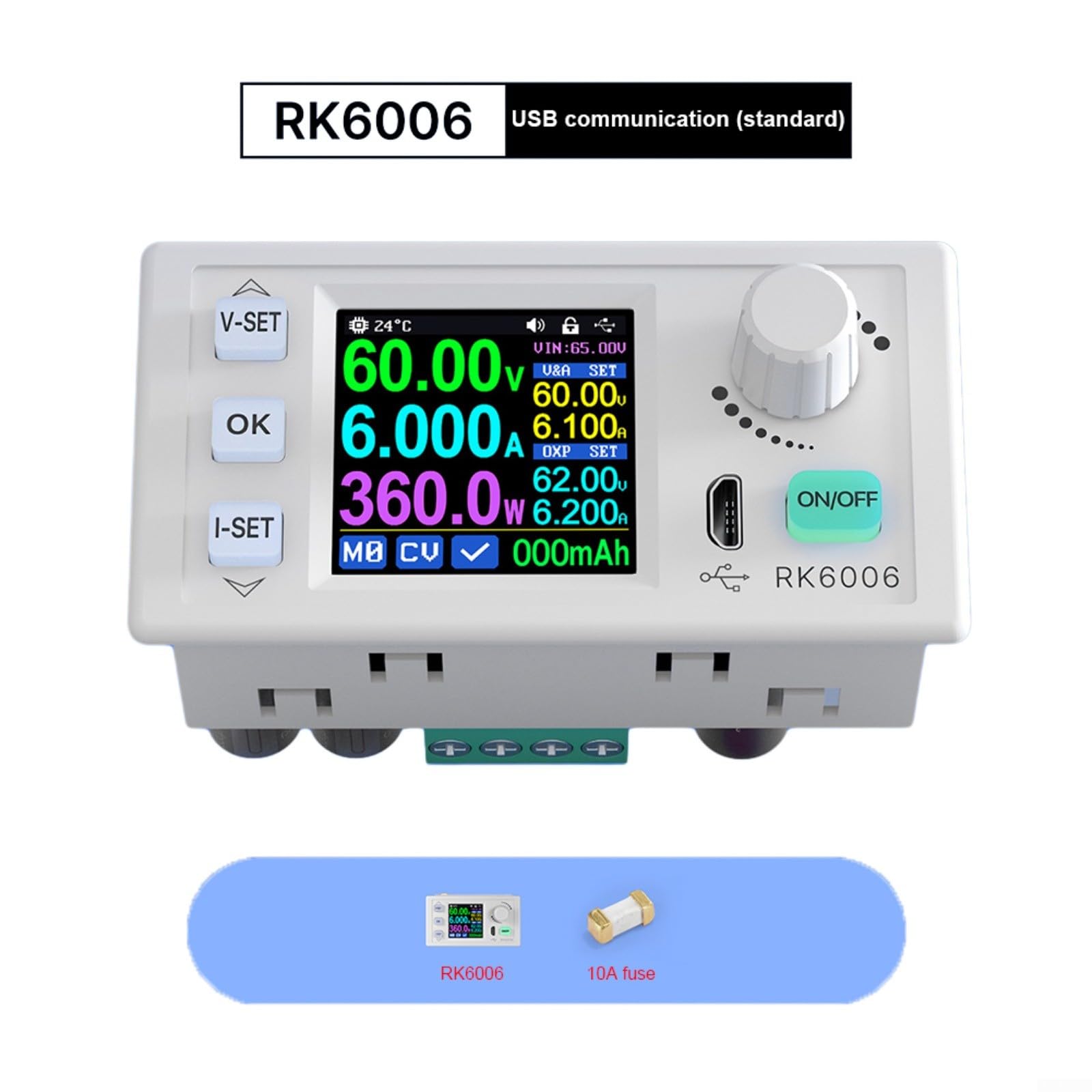 RK6006 Alimentatore di rete regolabile 0-60V 0-6A 360W con LCD da 1,54", convertitore DC per controllo PC/app, protezione da sovratensione, aggiornamento firmware (RK6006)