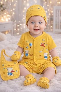 Cute Printed Soft Cotton Baby boy girl Clothing Set, Yellow, 0-3 Months, 5-Piece with Shirt, Shorts, Cap, Bib & Mittens So... Price In India