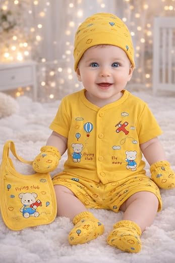 Cute Printed Soft Cotton Baby boy girl Clothing Set, Yellow, 0-3 Months, 5-Piece with Shirt, Shorts, Cap, Bib &amp; Mittens So...
