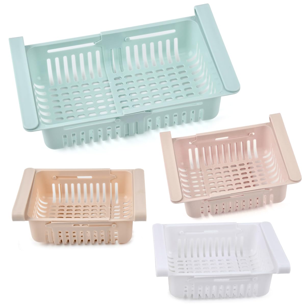 BUYGOO Cassetti Frigo per Frigoriferi 4PZ Contenitori Frigorifero Salvaspazio Set Organizer Estensibile per Frigorifero Ripiano Regolabile Cassetto Frigorifero Estraibile Cestini per Frigorifero