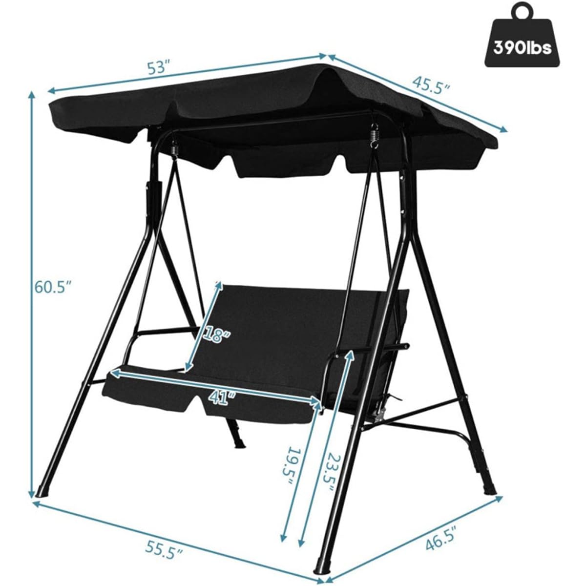 2-Seat Swing Chair with Awning, for Garden, Backyard, Courtyard(55.0