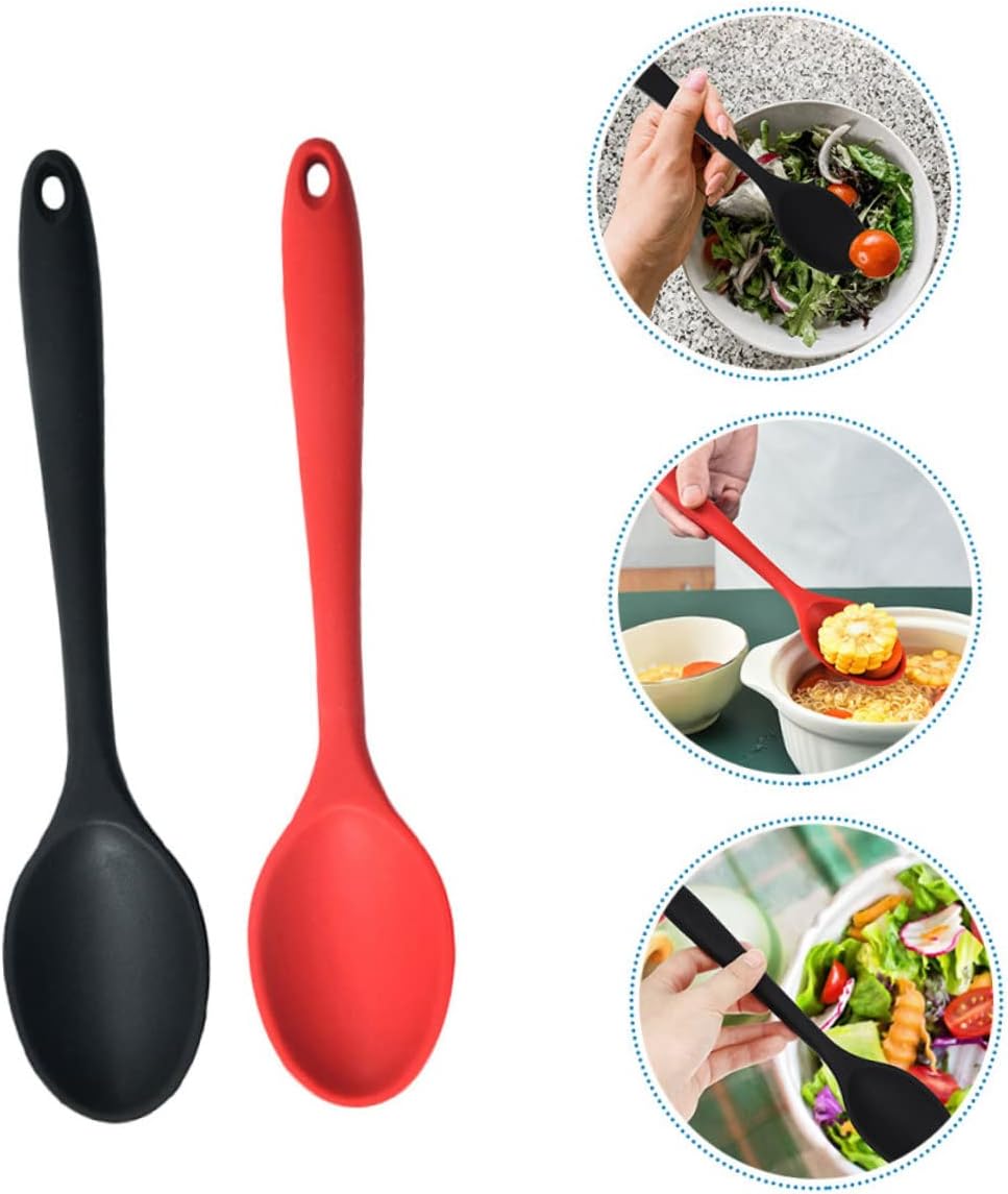 Wooden Spoons for Cooking,2pcs Silicone Spoon Eating Spoons Big Spoons Kitchen Soup Ladle Dinner Spoon Chinese Soup Spoons Handle Spoon