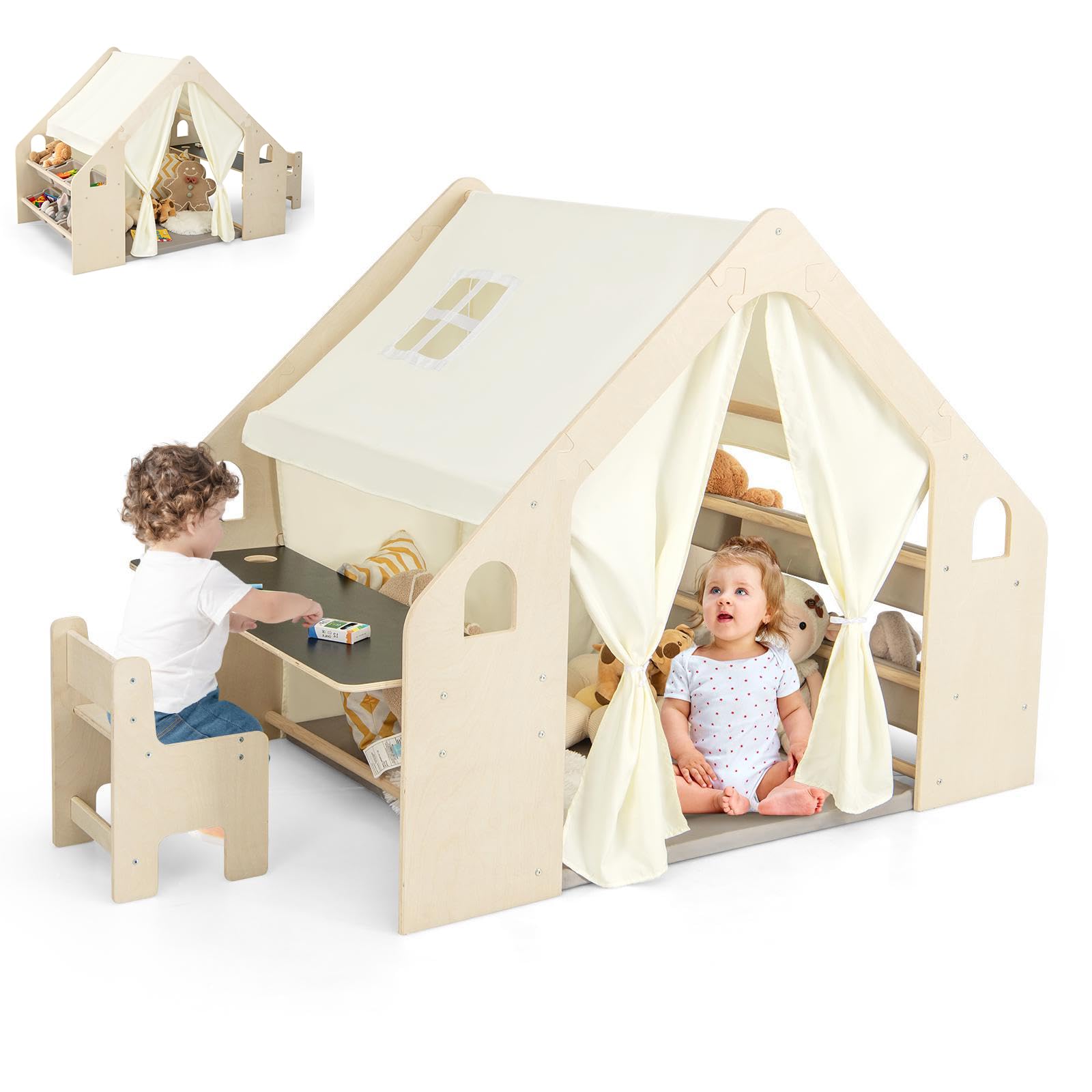 HOMASIS 6 in 1 Kinderzelt Indoor, Spielzelt mit Kindertisch & Stuhl, Kinder Spielhaus mit Matte & Tafel & Aufbewahrungsbox, Kinderspielhaus aus Holz für Kinder ab 2 Jahren (Mit 6 Boxen)