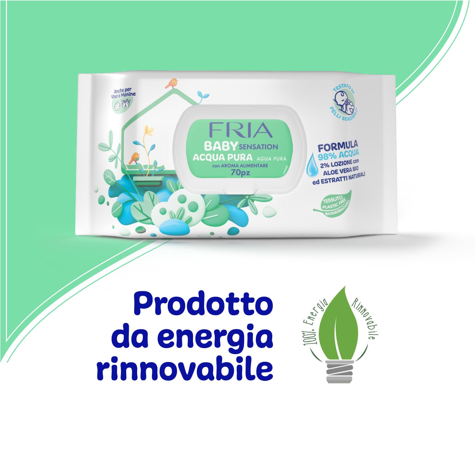 Fria Baby Sensation Acqua Pura Salviette per Cambio Pannolino, 98% Acqua Purificata, 70 Salviette
