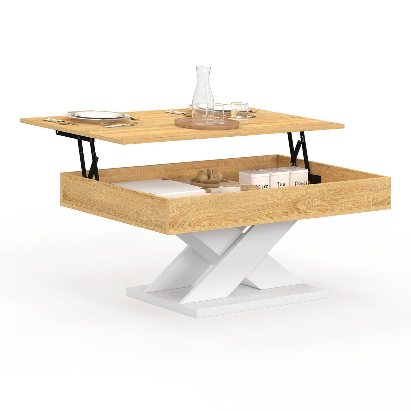 IDMarket - Tavolino rettangolare con piano rialzabile in legno ALICIA e base bianca
