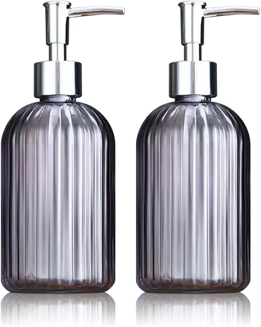 2 Pcs Glass Soap Dispenser, 14 Oz Pump Bottle Dispenser, Transparent Hand Soap Dispensers, Washing up Liquid Dispenser Jar for Bathroom Kitchen Countertop (Grey)