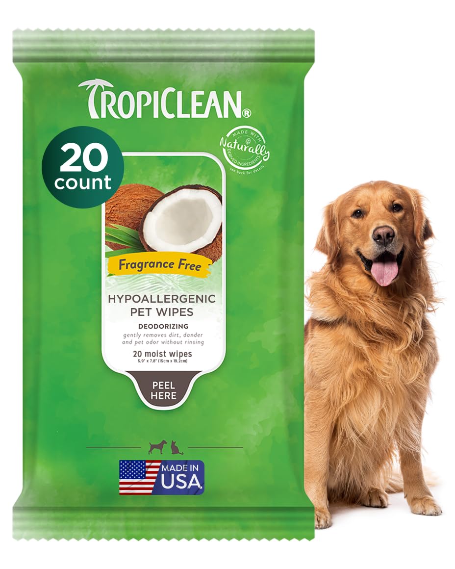 TropiClean Hypoallergenic Dog Wipes for Paws, Butt, Face and Body, Safe for Puppy, Puppy Essentials, Cleaning Deodorizing, Unscented, Cat Safe, 20ct
