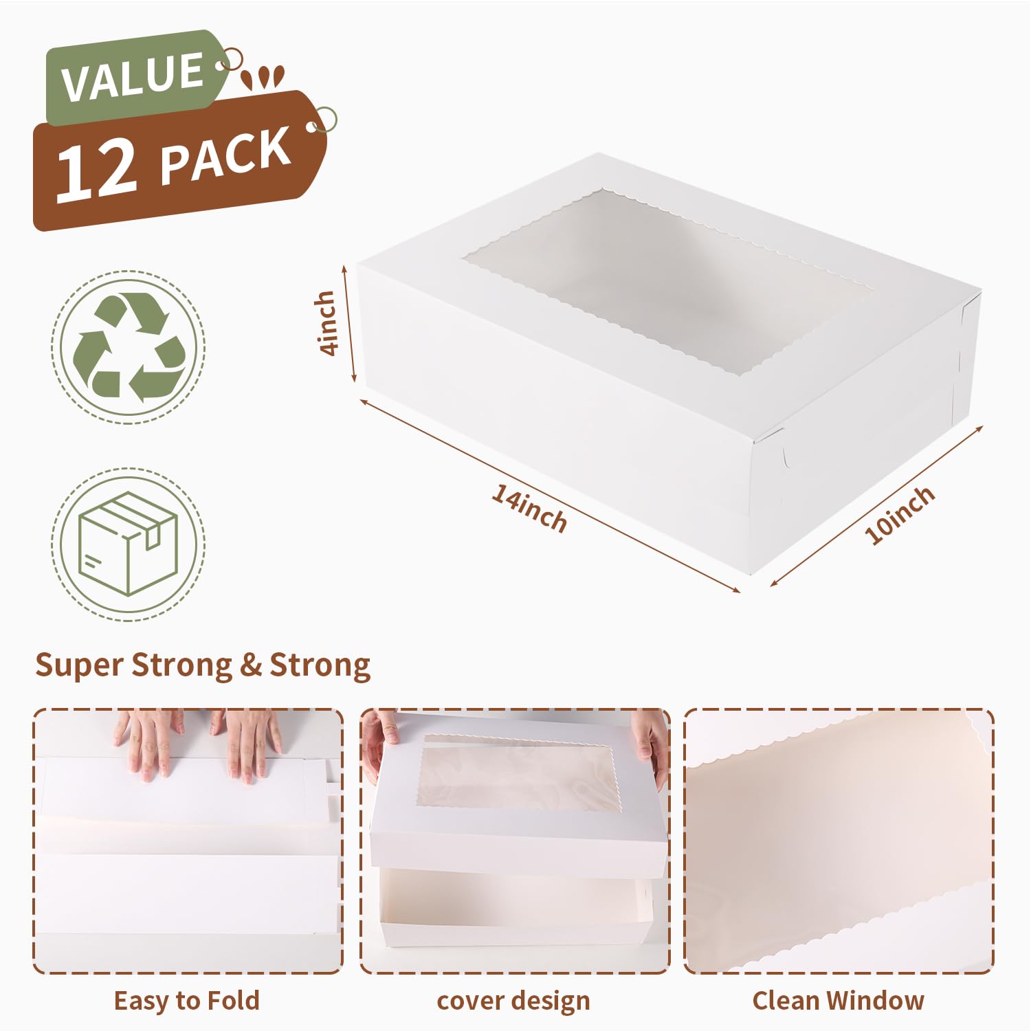 JCD 12 cajas para tartas de 14 x 10 x 4 pulgadas, cajas blancas para panadería, cajas de pastel de cuarto de hoja con ventana, cajas rectangulares grandes para pasteles, pasteles, pasteles, donas,