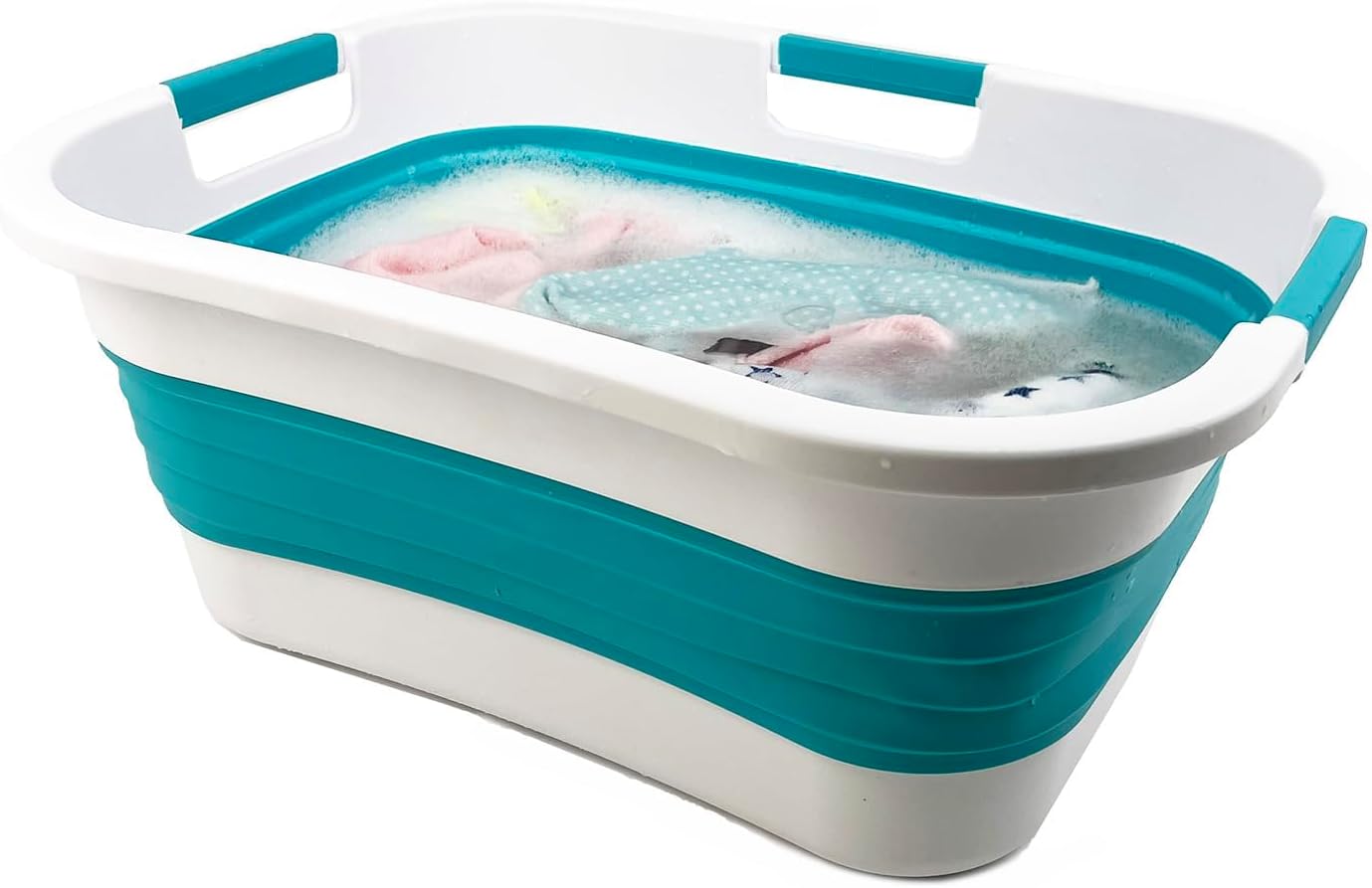 SAMMART 30L (7.9 gallon) Collapsible Plastic Laundry Basket - Foldable Pop Up Storage Container/Organizer - Portable Washing Tub - Space Saving Hamper/Basket (2, Ceramic Blue+Pale Purple)