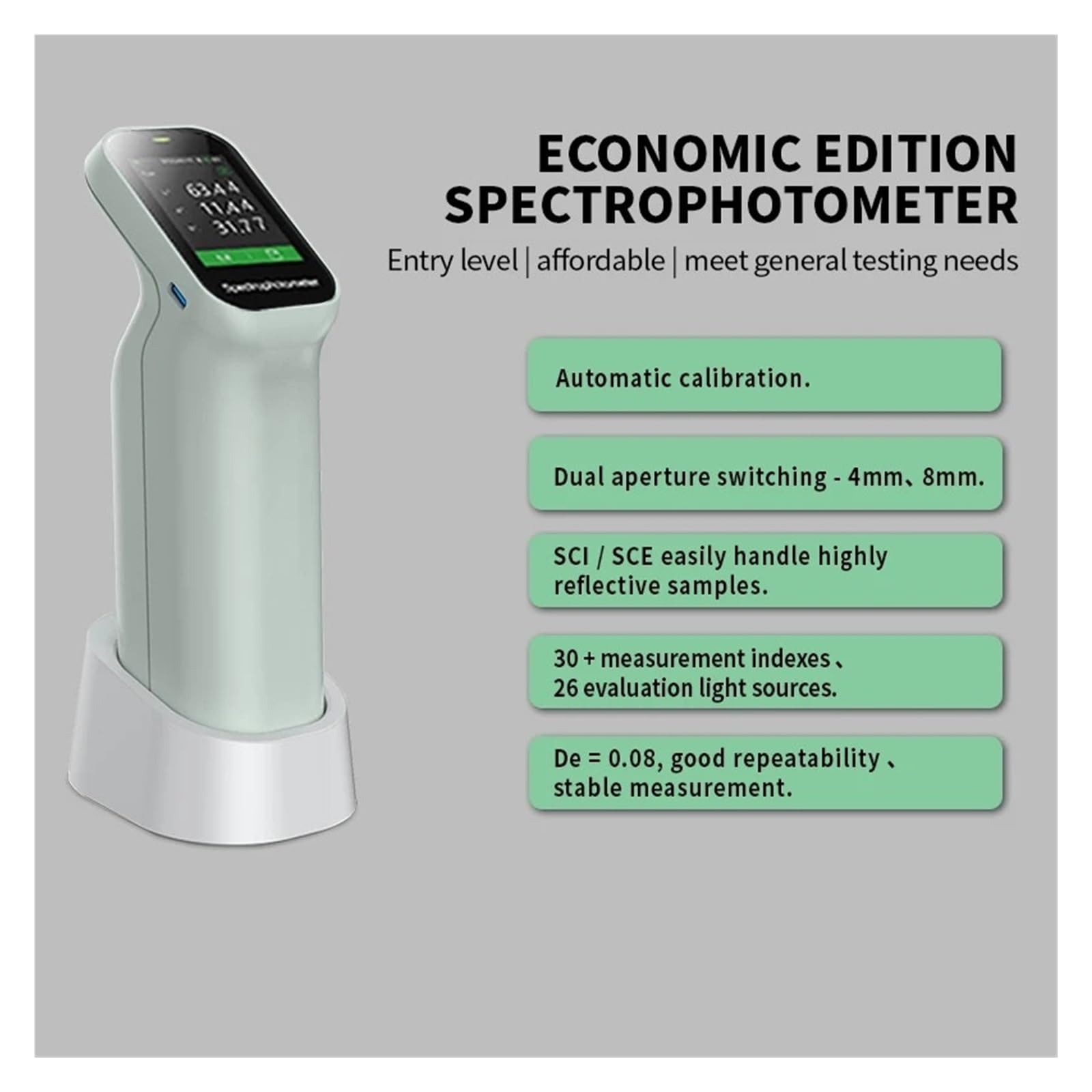 Farbmesser Spektralphotometer, aufladbares USB-Kolorimeter, tragbarer Farbanalysator, Labor-Farbmessrät, E*a*b-Tester, Kaliber 4 mm, 8 mm Ultrastabile Leistung(CS-412)