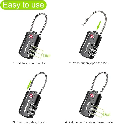 Miniatura 6 de GIVERARE Cerraduras de equipaje aprobadas por la TSA, cerradura de cable de viaje combinada, candados de 3 dígitos reconfigurables con cuerpo de